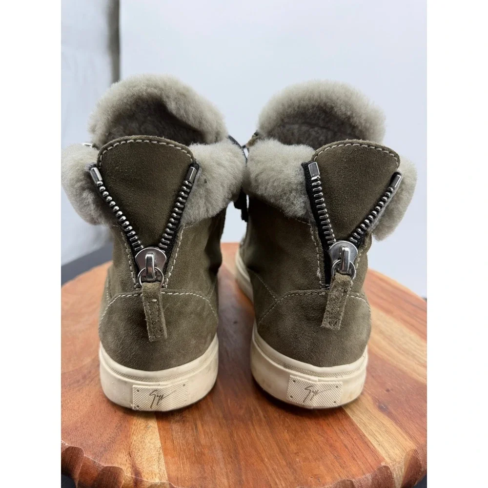 Giuseppe Zanotti Shearling Suede High Top Sneaker Womens 37 7 Olive Green Zipper
